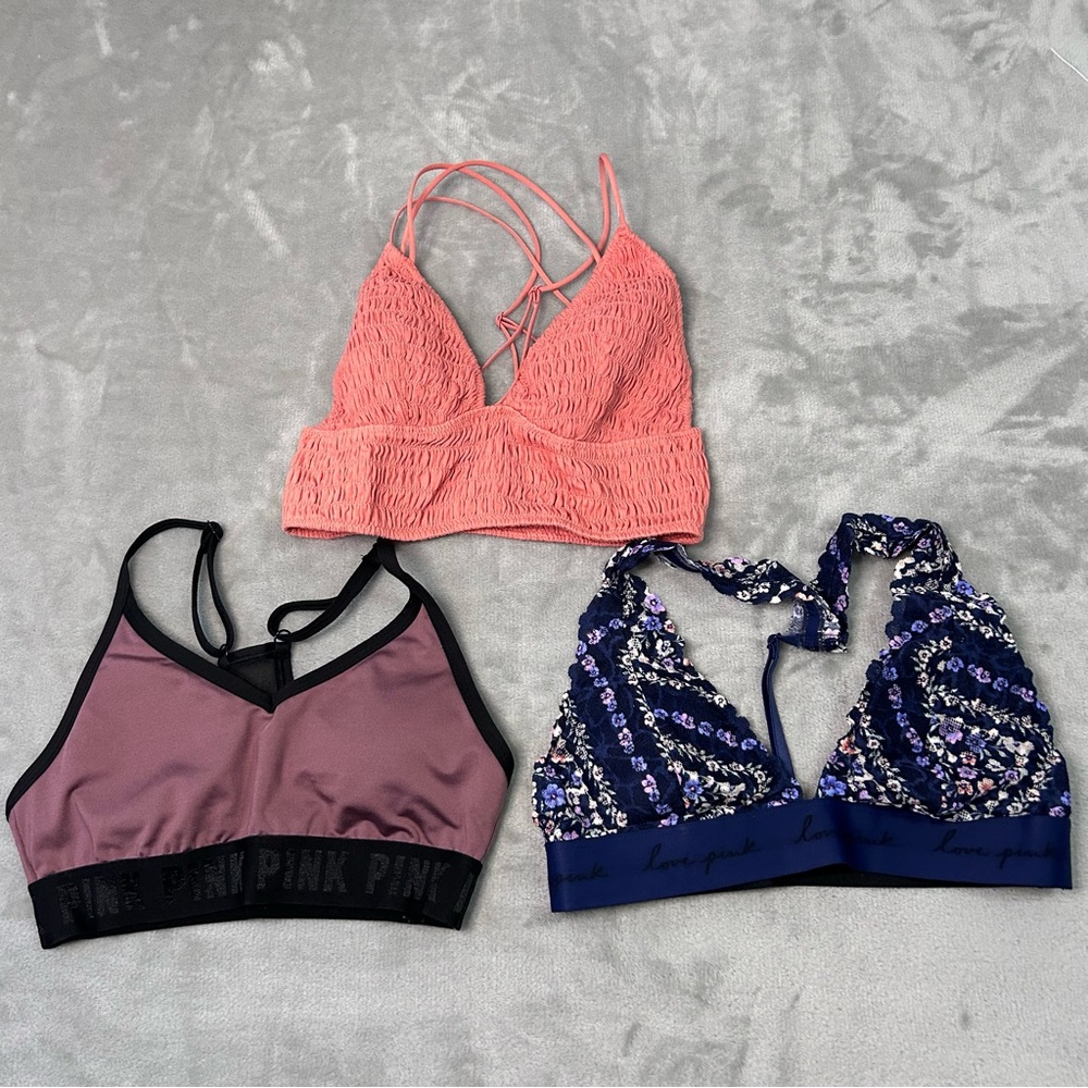 Lot Of 3 Victoria’s Secret Bras Lace Bralette Smocked Womens Size S PINK Floral